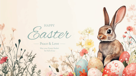 Easter greeting card with bunny, eggs and flowers. Vector illustration.のイラスト素材