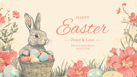 Easter greeting card with bunny, eggs and flowers. Vector illustrationのイラスト素材