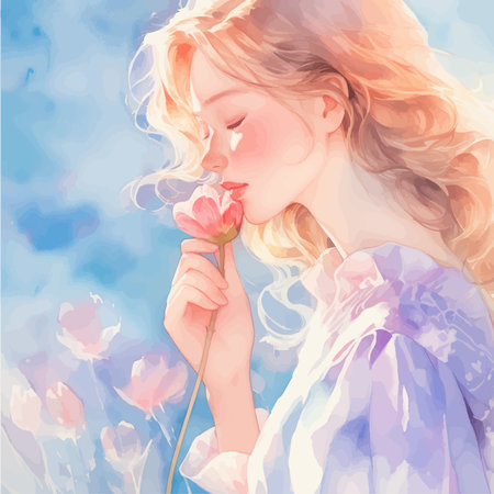 Beautiful girl with flower in her hand, watercolor illustration.のイラスト素材