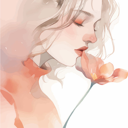 Beautiful young woman with flowers in her hand. Vector illustration.のイラスト素材