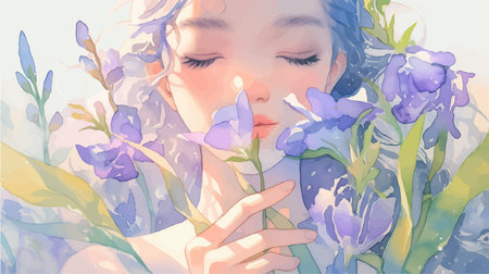 Beautiful girl with blue irises and violet flowers in her handsのイラスト素材