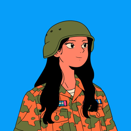 Girl in a military uniform on a blue background. Vector illustration.のイラスト素材