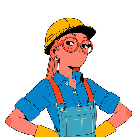 Vector illustration of a female construction worker in helmet and overalls.のイラスト素材