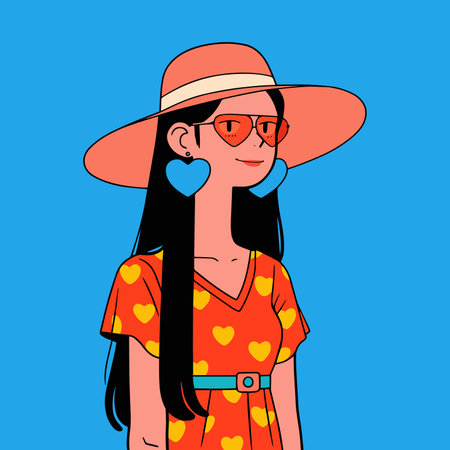 Vector illustration of a girl in a hat and sunglasses on a blue backgroundのイラスト素材