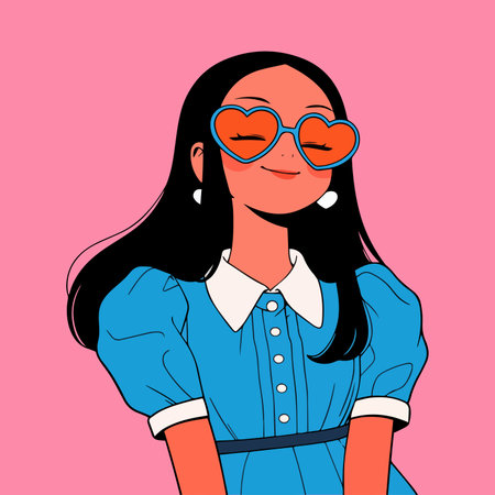 Beautiful girl with heart-shaped glasses. Vector illustration on pink background.のイラスト素材