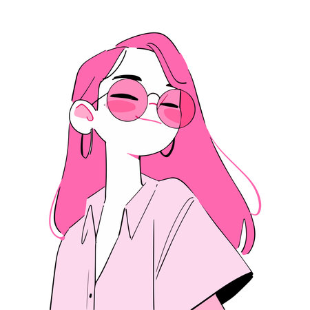 Girl with pink hair in a white shirt and glasses. Vector illustrationのイラスト素材
