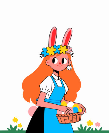 Easter girl with a basket of eggs. Vector illustration in cartoon style.のイラスト素材