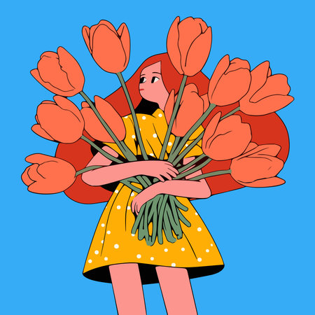 Beautiful girl with a bouquet of tulips. Vector illustration.のイラスト素材