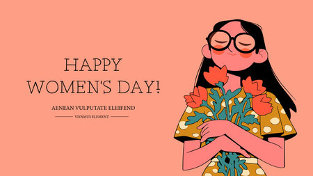 Happy Women's Day greeting card with girl holding bouquet of tulips. Vector illustration.のイラスト素材