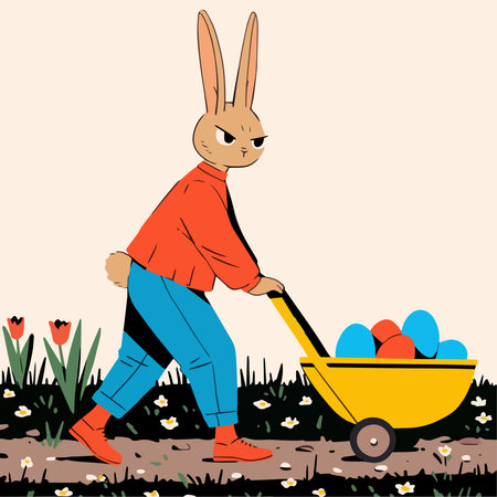 Easter bunny with eggs in a wheelbarrow. Vector illustration.のイラスト素材