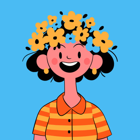 Vector illustration of a girl with flowers in her hair on a blue background