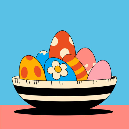 Easter eggs in a bowl on a blue background. Vector illustrationのイラスト素材