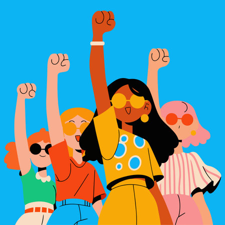 Happy young women with raised hands. Vector illustration in flat style.のイラスト素材