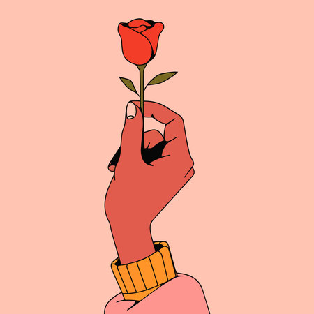 Hand holding a red rose. Vector illustration on a pink background.のイラスト素材