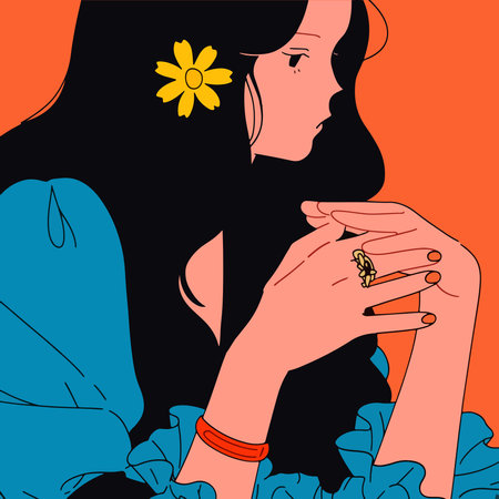 Beautiful woman with a flower in her hand. Vector illustration.のイラスト素材