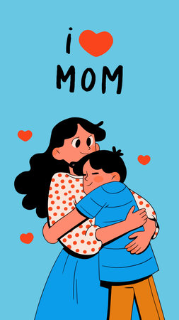 Mother's day greeting card. Mom hugs her son. Vector illustration.のイラスト素材