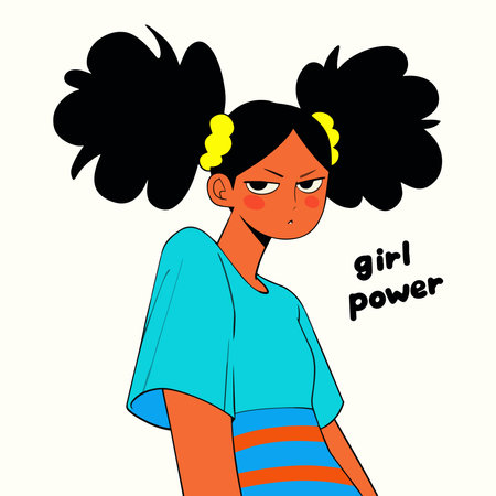 Vector illustration of a girl in a blue T-shirt and black hair.のイラスト素材