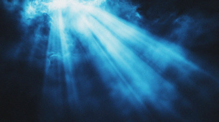 Blue sky with clouds and sunbeams.の写真素材