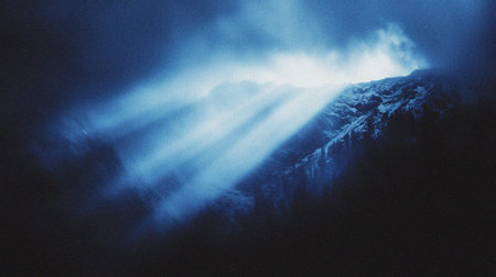 Sunbeams shining through the clouds on a snowy mountain in winter