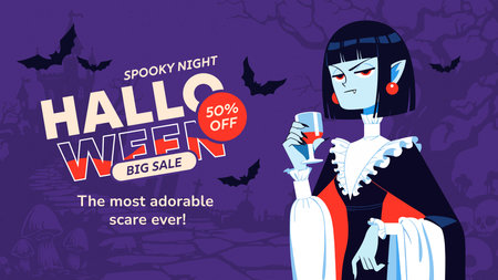 Halloween sale banner with vampire girl. Vector illustration in flat styleのイラスト素材