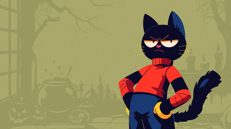 Halloween background with black cat. Vector illustration in retro style.のイラスト素材