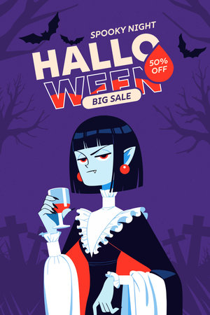Halloween sale poster with vampire girl. Vector illustration in flat style.のイラスト素材