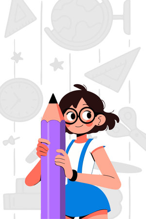Vector illustration of a girl holding a big pencil in her hands.のイラスト素材