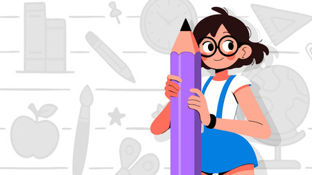 Vector illustration of a schoolgirl holding a big pencil in her handsのイラスト素材