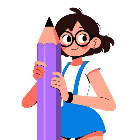Girl with big pencil. Cute cartoon character. Vector illustration.のイラスト素材
