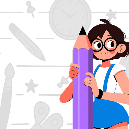 Girl with a pencil in her hands. Vector illustration in cartoon style.のイラスト素材