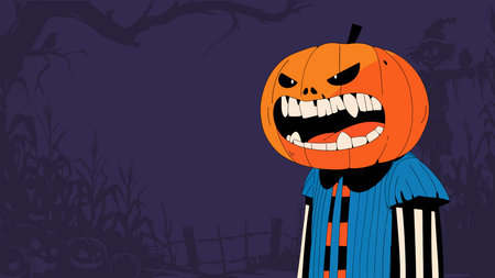 Halloween background with pumpkins and scarecrow. Vector illustration.のイラスト素材