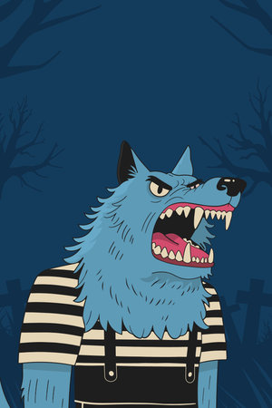 Illustration of a wolf in a striped shirt on a dark backgroundのイラスト素材
