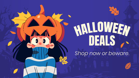 Halloween sale banner with cute girl in costume of pumpkin. Vector illustration.のイラスト素材