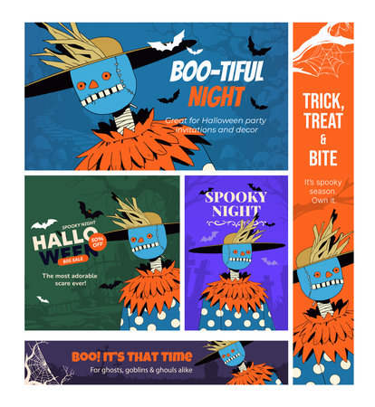 Halloween party invitation card set. Vector illustration in cartoon style.のイラスト素材
