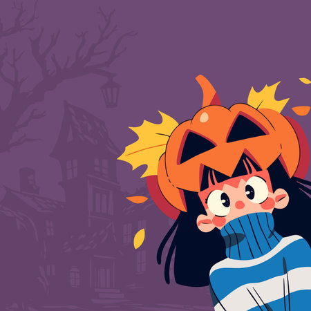 Cute little girl in Halloween costume with pumpkin. Vector illustration.のイラスト素材