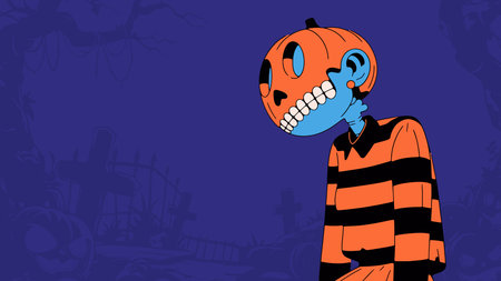 Vector illustration of a skeleton in a Halloween costume on a dark background.のイラスト素材