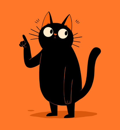 Cute black cat pointing with his index finger. Vector illustration.のイラスト素材