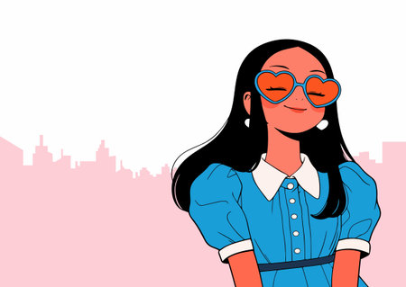 Vector illustration of a beautiful girl with heart-shaped glasses on the background of the cityのイラスト素材