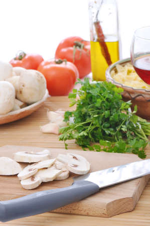 slices of mushroom and vegetarian raw food ingredientsの写真素材