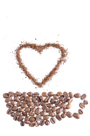 drawing of a cup and heart with roasted and ground coffee beansの写真素材