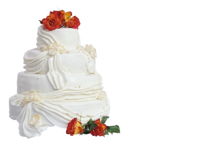Marzipan wedding cake with natural roses isolated on whiteの写真素材