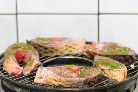 closeup view of fresh fish with green spicies on grillの写真素材