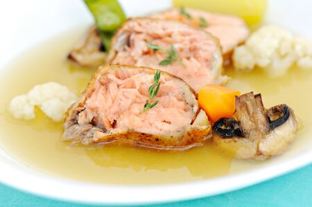 tuna fish soup with vegetables and mushroomsの写真素材