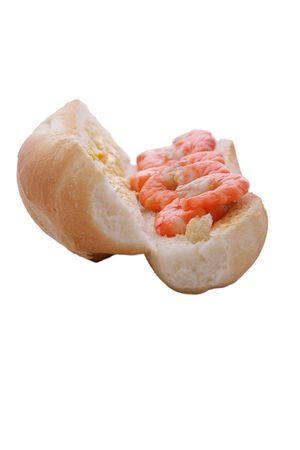 Prawns on a buttered bread rollの写真素材