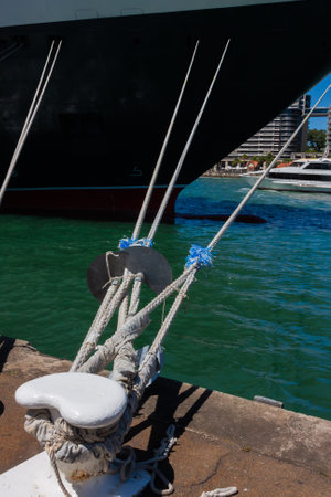 Moored ship with mooring ropesの写真素材