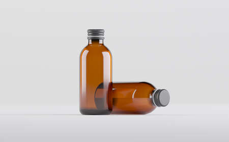 Amber Glass Bottles Mockup 3D Illustrationの写真素材