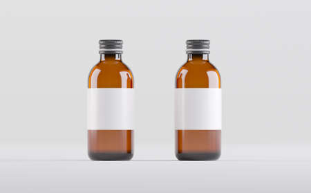 Amber Glass Bottles Mockup 3D Illustrationの写真素材