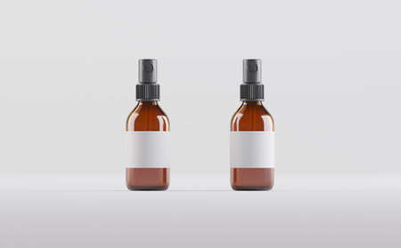 Amber Glass Spray Bottle Mockup 3D Illustrationの写真素材