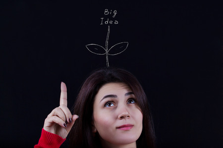 Portrait of a young student girl pointing to a Flower flowering from her head with Big Idea inscription isolated on black background.IdeaBig Idea.Growingの写真素材