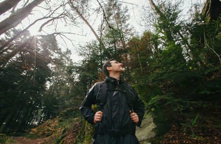 enjoying nature on foggy day during a trekking trip. Back of a young man outdoors in nature on a hiker path in forest.の写真素材